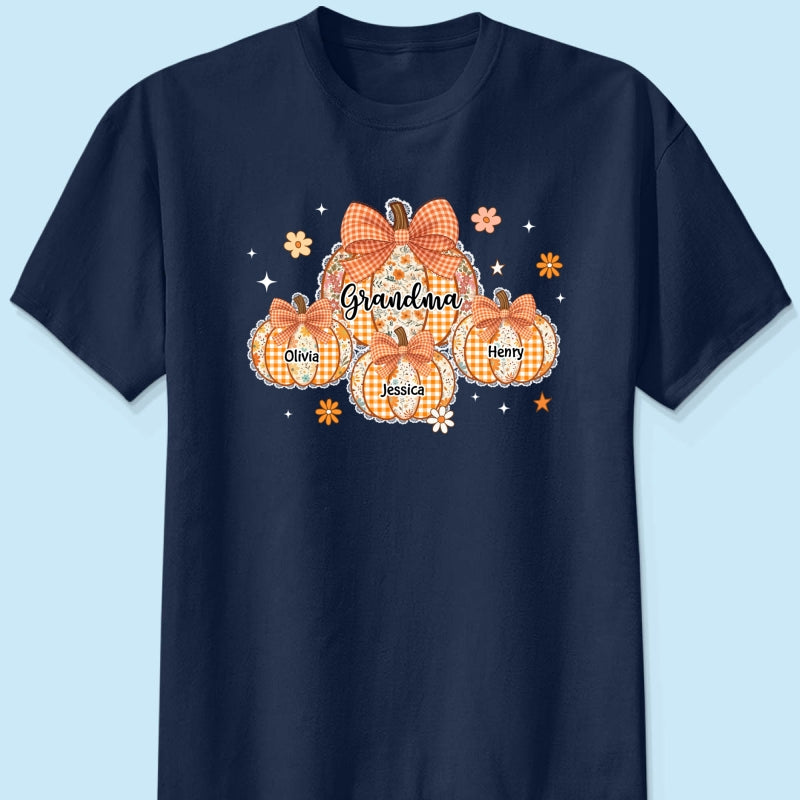 Lace Pattern Grandma Custom Pumpkins With Kids Names - Personalized Shirt - Gift For Grandmas, Fall Vibe Cozy Shirt
