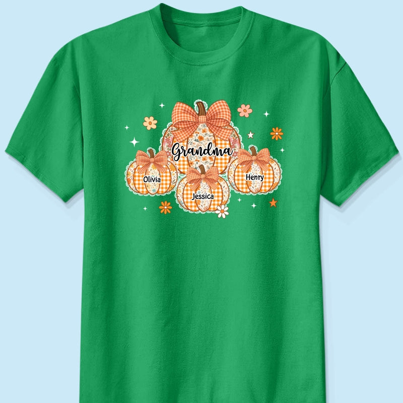 Lace Pattern Grandma Custom Pumpkins With Kids Names - Personalized Shirt - Gift For Grandmas, Fall Vibe Cozy Shirt