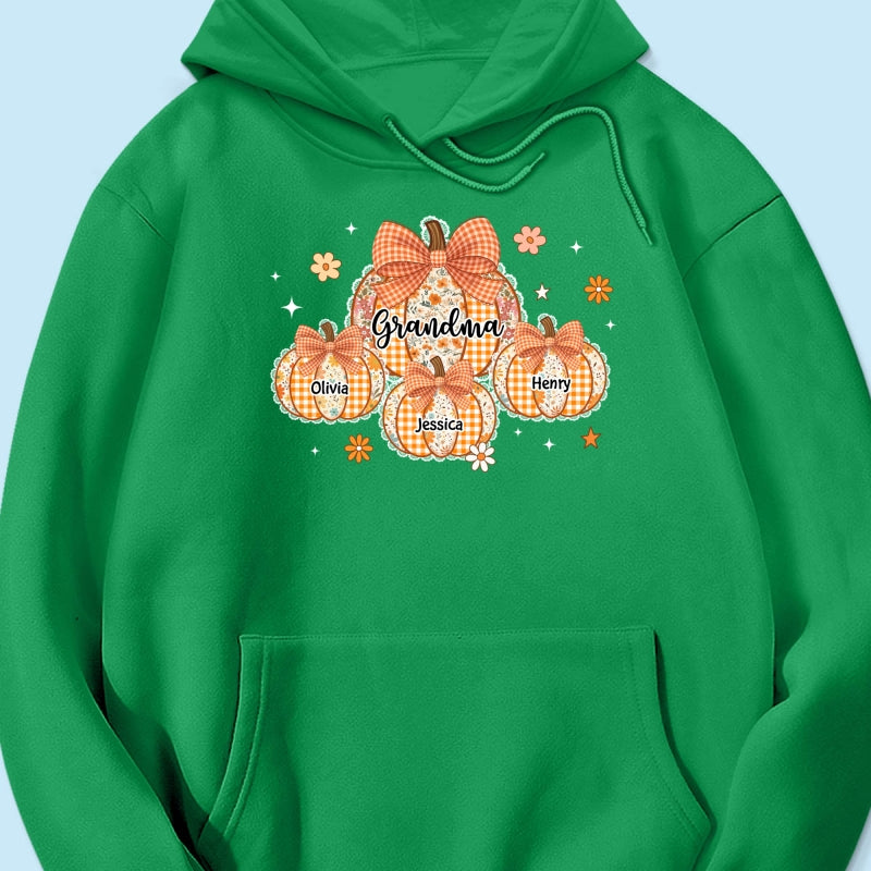Lace Pattern Grandma Custom Pumpkins With Kids Names - Personalized Shirt - Gift For Grandmas, Fall Vibe Cozy Shirt