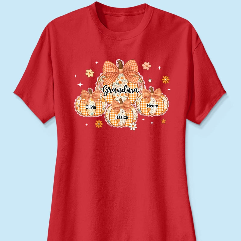 Lace Pattern Grandma Custom Pumpkins With Kids Names - Personalized Shirt - Gift For Grandmas, Fall Vibe Cozy Shirt