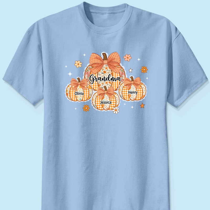 Lace Pattern Grandma Custom Pumpkins With Kids Names - Personalized Shirt - Gift For Grandmas, Fall Vibe Cozy Shirt