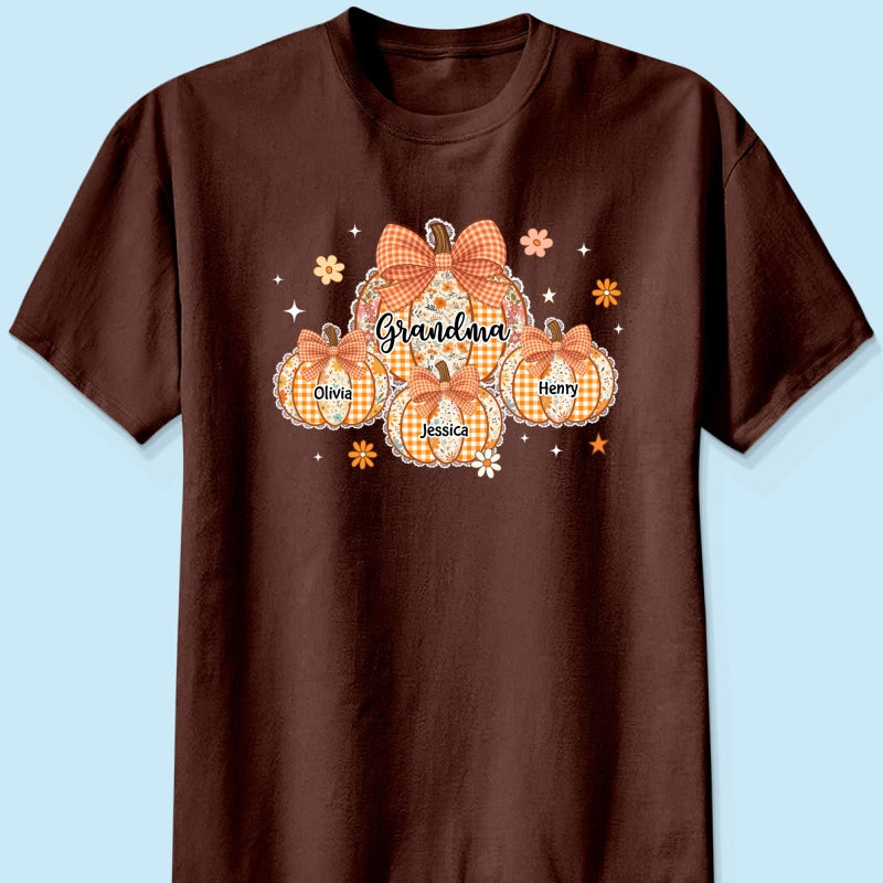 Lace Pattern Grandma Custom Pumpkins With Kids Names - Personalized Shirt - Gift For Grandmas, Fall Vibe Cozy Shirt