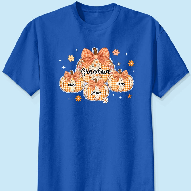Lace Pattern Grandma Custom Pumpkins With Kids Names - Personalized Shirt - Gift For Grandmas, Fall Vibe Cozy Shirt