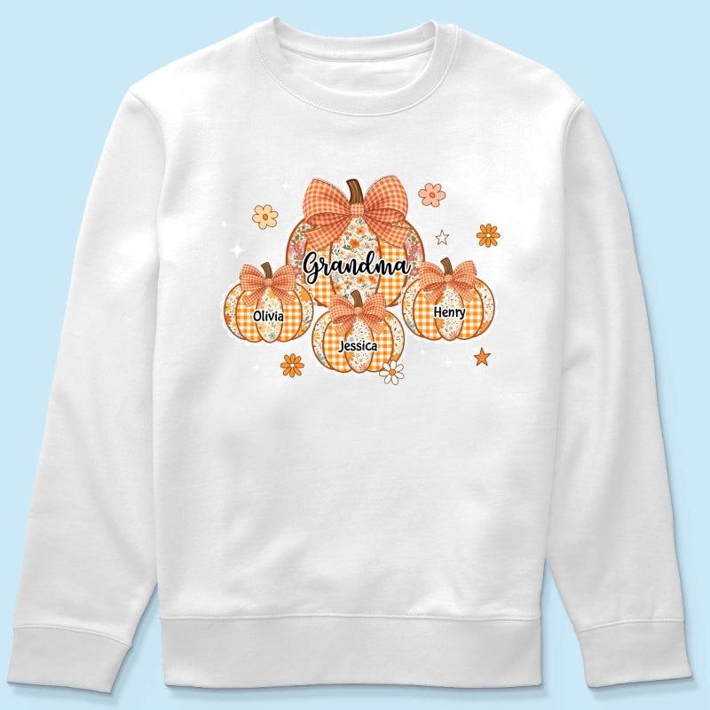 Lace Pattern Grandma Custom Pumpkins With Kids Names - Personalized Shirt - Gift For Grandmas, Fall Vibe Cozy Shirt