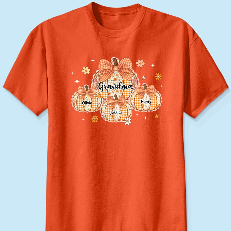Lace Pattern Grandma Custom Pumpkins With Kids Names - Personalized Shirt - Gift For Grandmas, Fall Vibe Cozy Shirt