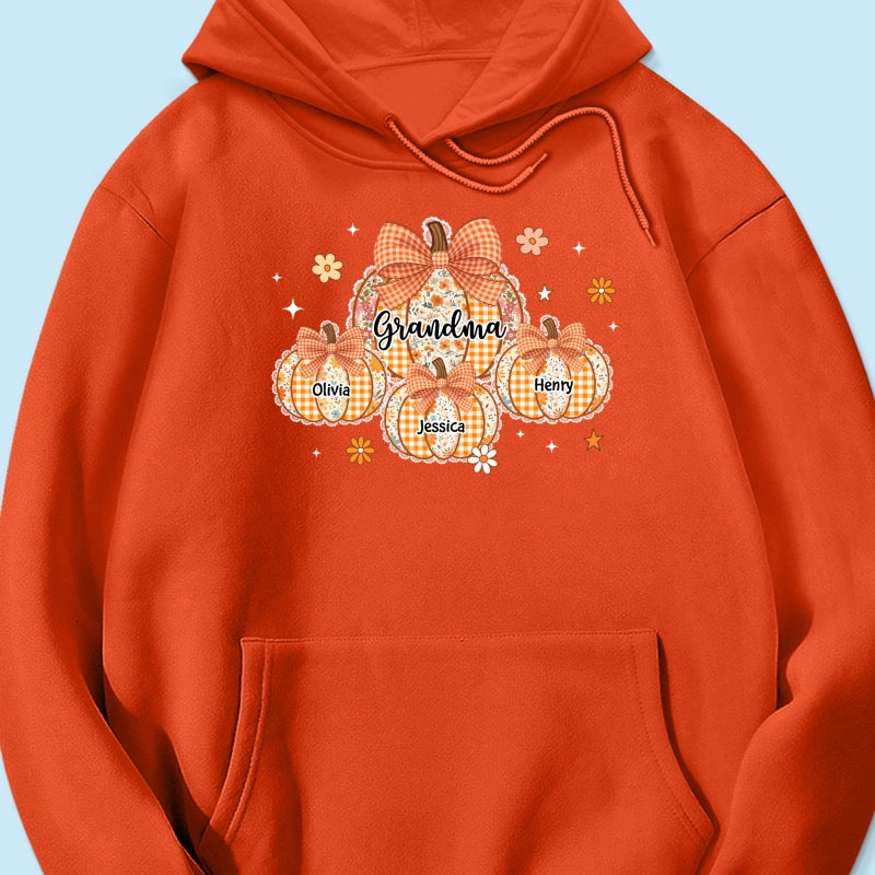 Lace Pattern Grandma Custom Pumpkins With Kids Names - Personalized Shirt - Gift For Grandmas, Fall Vibe Cozy Shirt