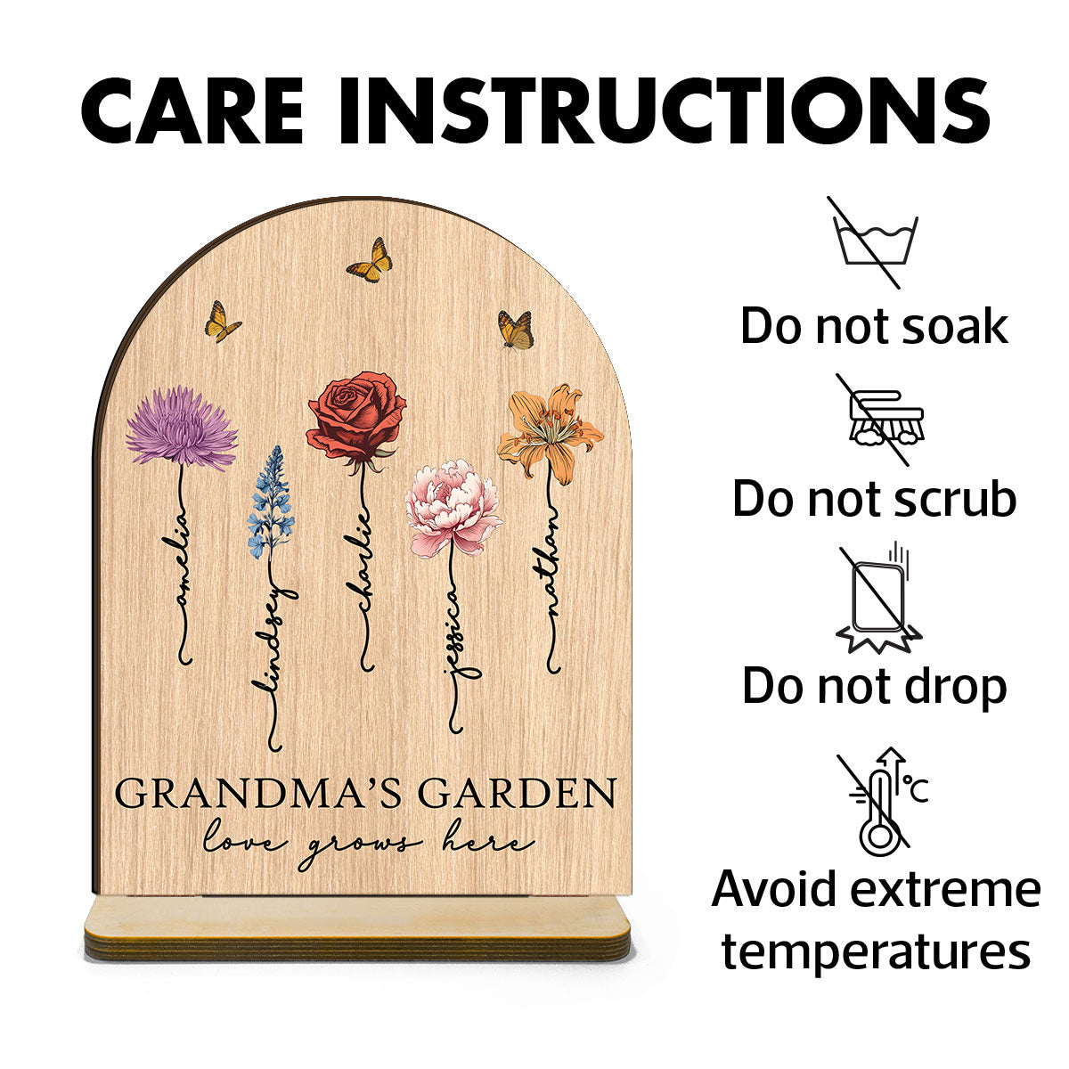 Grandma‘s Garden Love Grows Here Vintage Birth Flower Personalized Standing Wooden Plaque