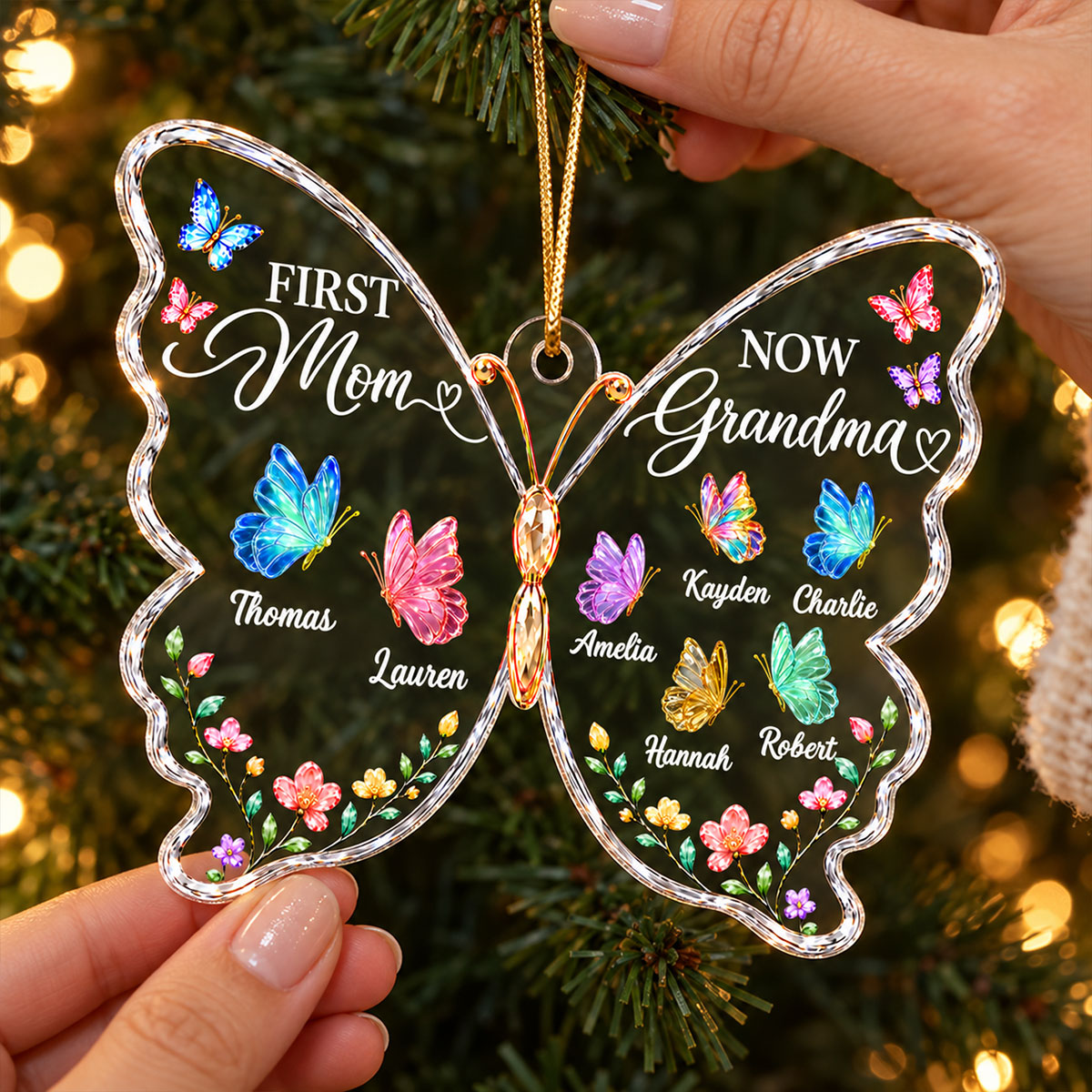 First Mom Now Grandma Butterfly - Personalized Acrylic Ornament - Christmas Gift for Mom, Grandma