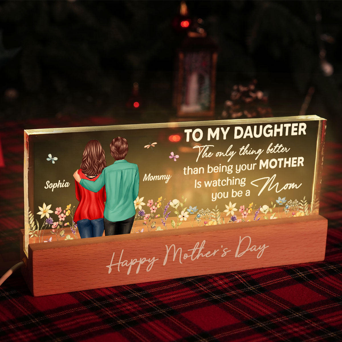 To My Daughter From Mom Happy Mother's Day Floral Personalized Acrylic Block LED Night Light, Gift For Daughter