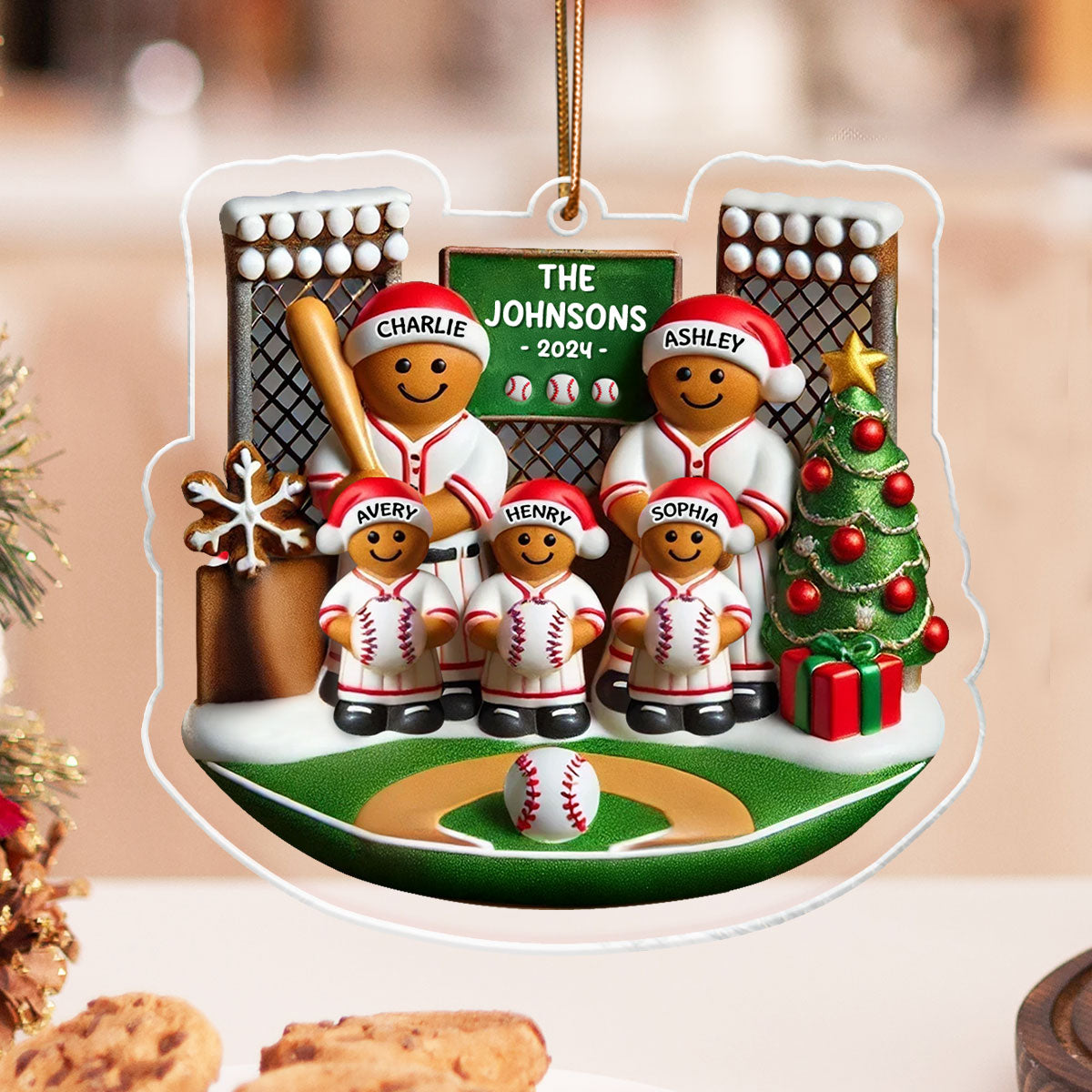 3D Effect Baseball Gingerbread Family On Field Sport Lover Personalized Acrylic Ornament