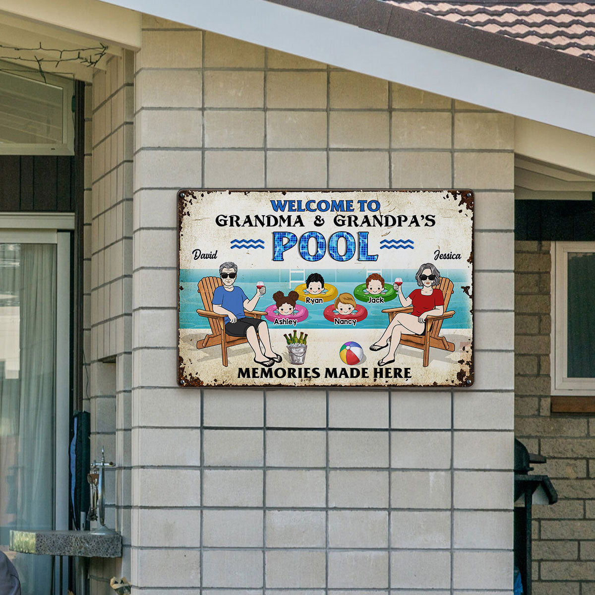 Welcome To Grandparents Pool Personalized Metal Sign, Housewarming Gift, Birthday Gift For Dad Mom Grandpa Grandma