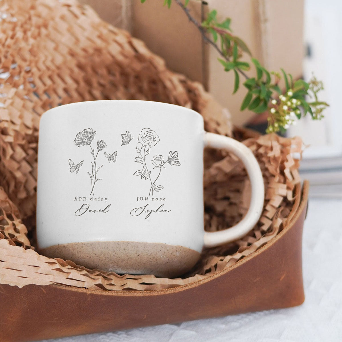 Custom Family Birth Flowers Personalized Engraved Pottery Mug, Birthday Christmas Gift for Mom, Grandma, Dad, Daughter