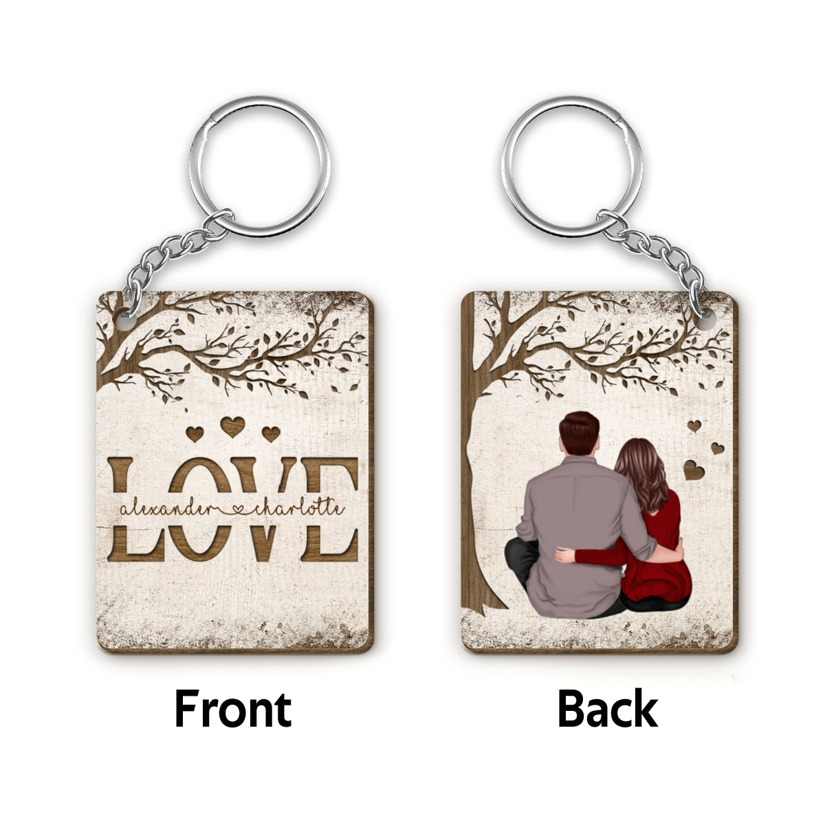 Love Cut Through Couple Under Tree Personalized Wooden Keychain
