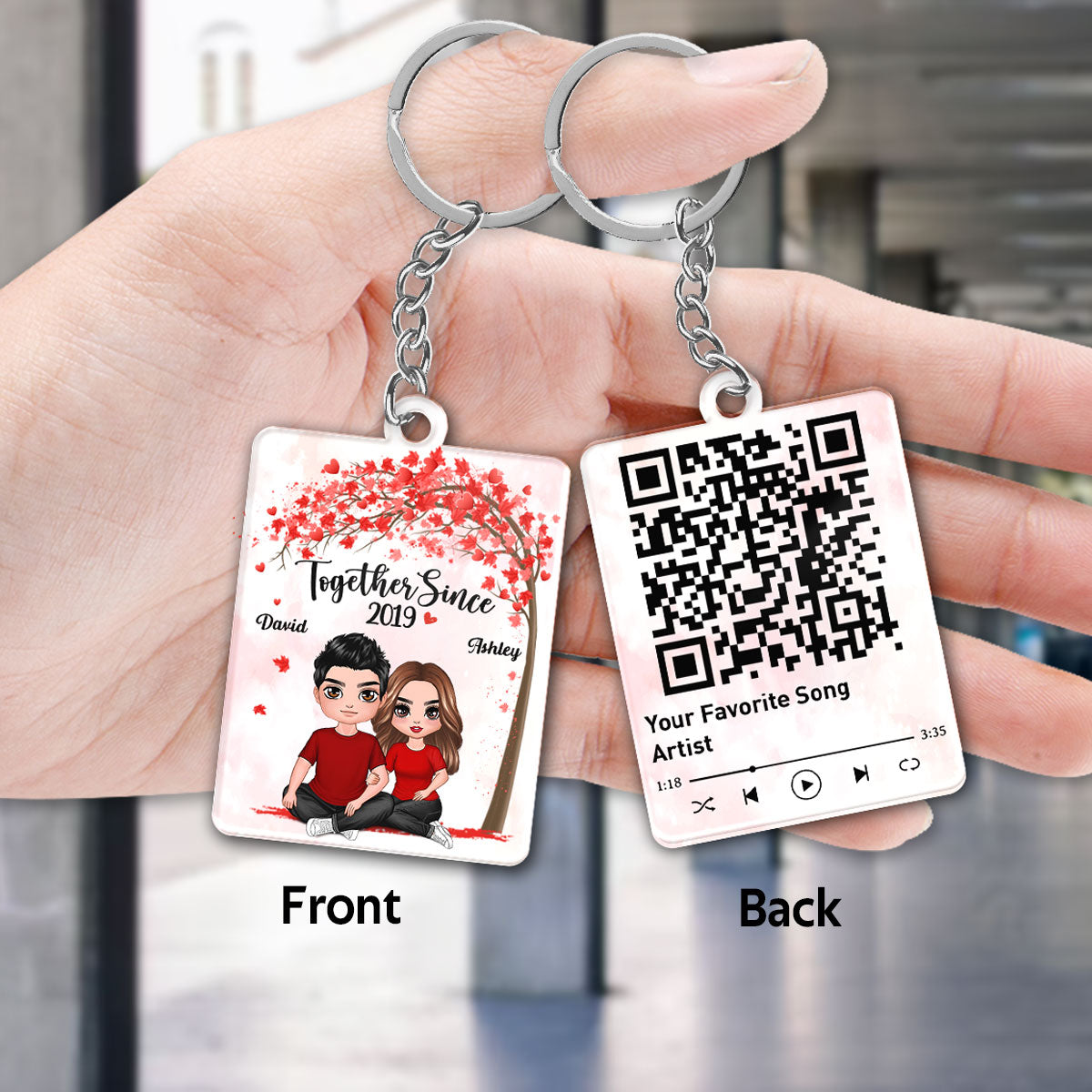 Embracing Couple Sitting Under Tree Favorite Song Scannable QR Code Personalized Acrylic Keychain