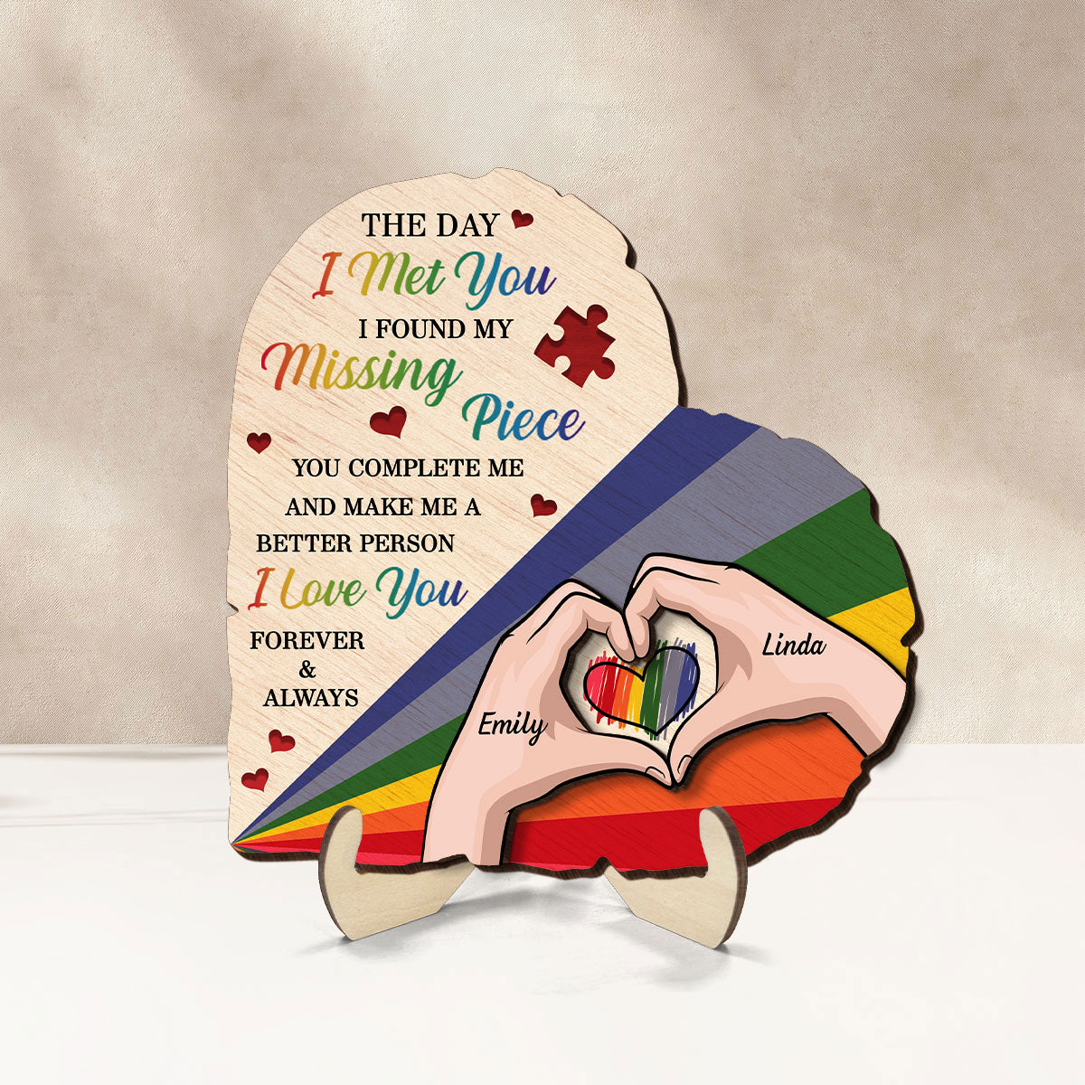 Half Heart Rainbow Flag LGBTQ Couple Personalized 2-Layered Wooden Plaque, Pride Month gift