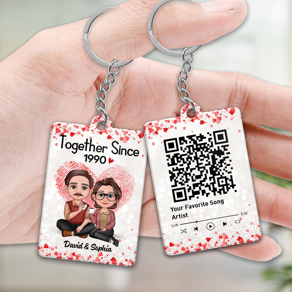 Fingerprint Doll Couple Sitting Together Favorite Song Scannable QR Code Personalized Acrylic Keychain