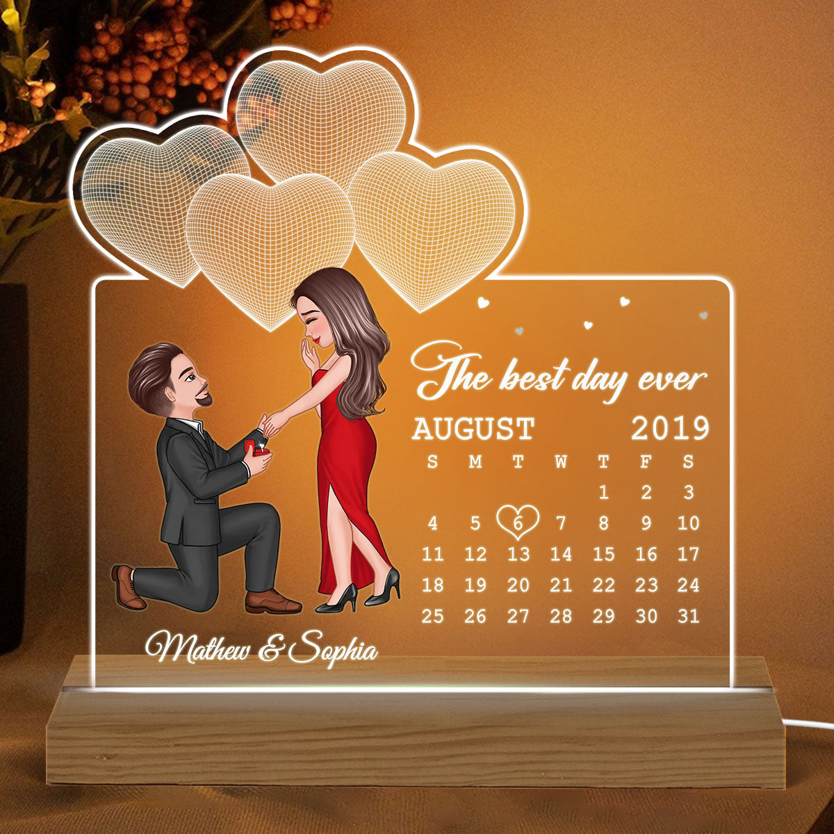 The Best Day Ever Engaged Couple Calendar Date 3D Hearts Personalized Custom Shaped Acrylic Plaque With LED Night Light