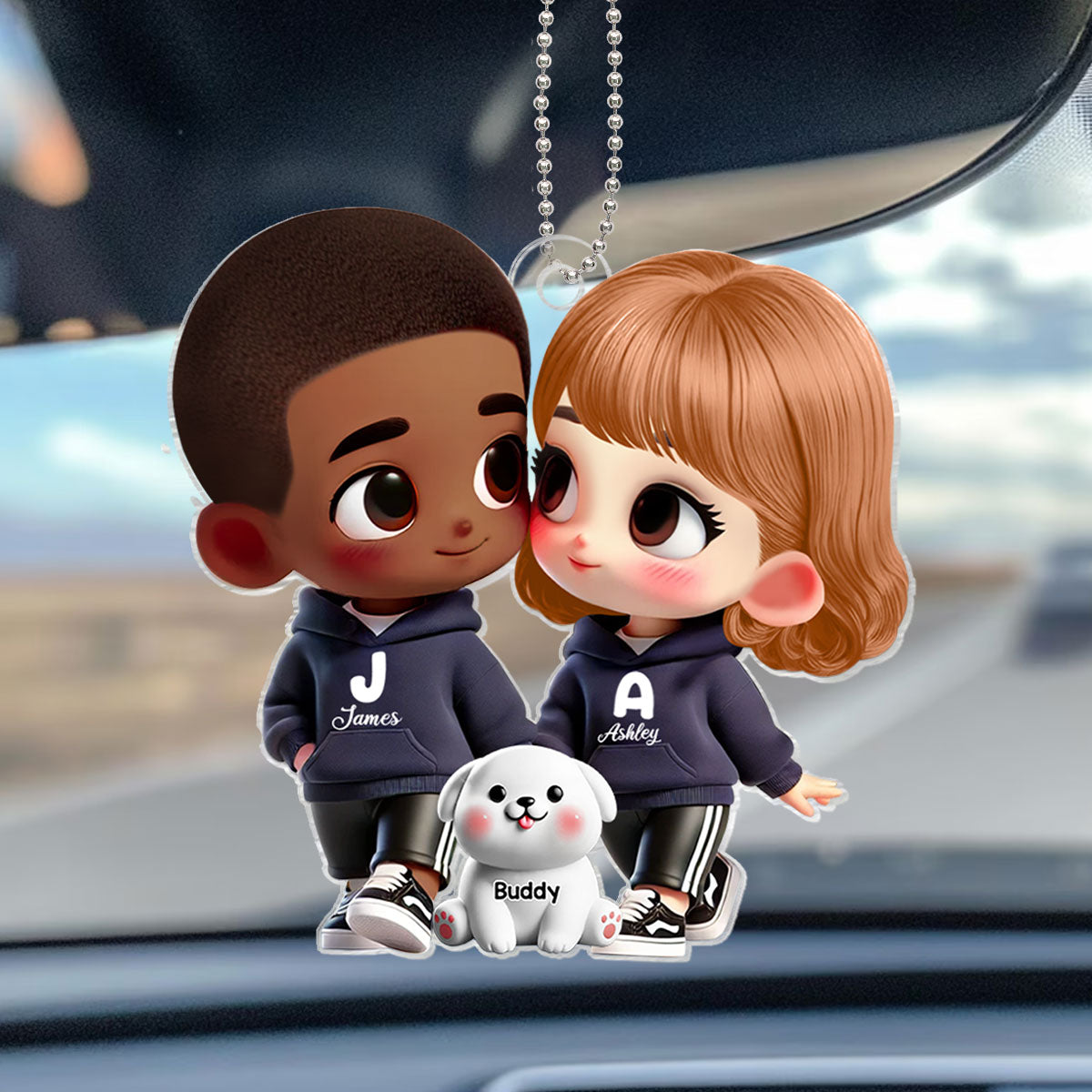 3D Effect Cute Cartoon Couple Holding Hands with Dogs Cats Personalized Acrylic Car Hanger, Anniversary &  Gift for him, Gift for her