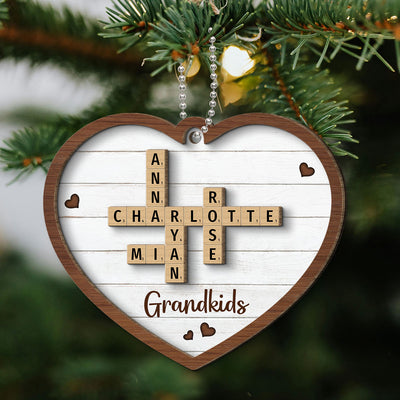 Grandkids Crossword Puzzle Art - Personalized 2-Layered Wooden Ornament - Christmas Gift For Mom, Gift For Grandma