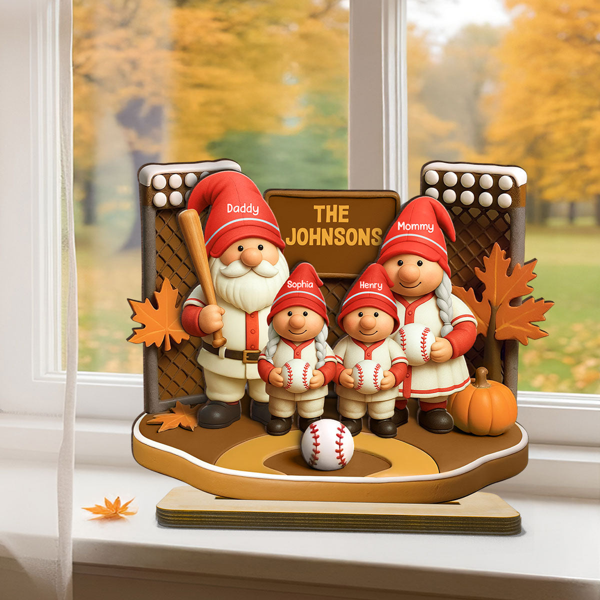 Fall Season Baseball Gnome Family 3D Effect Personalized Standing Wooden Plaque