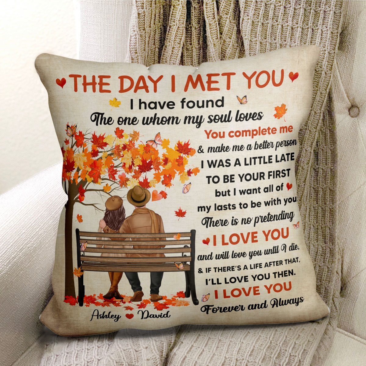 I Met You Couple Fall Season Couple On Bench Personalized Pillow