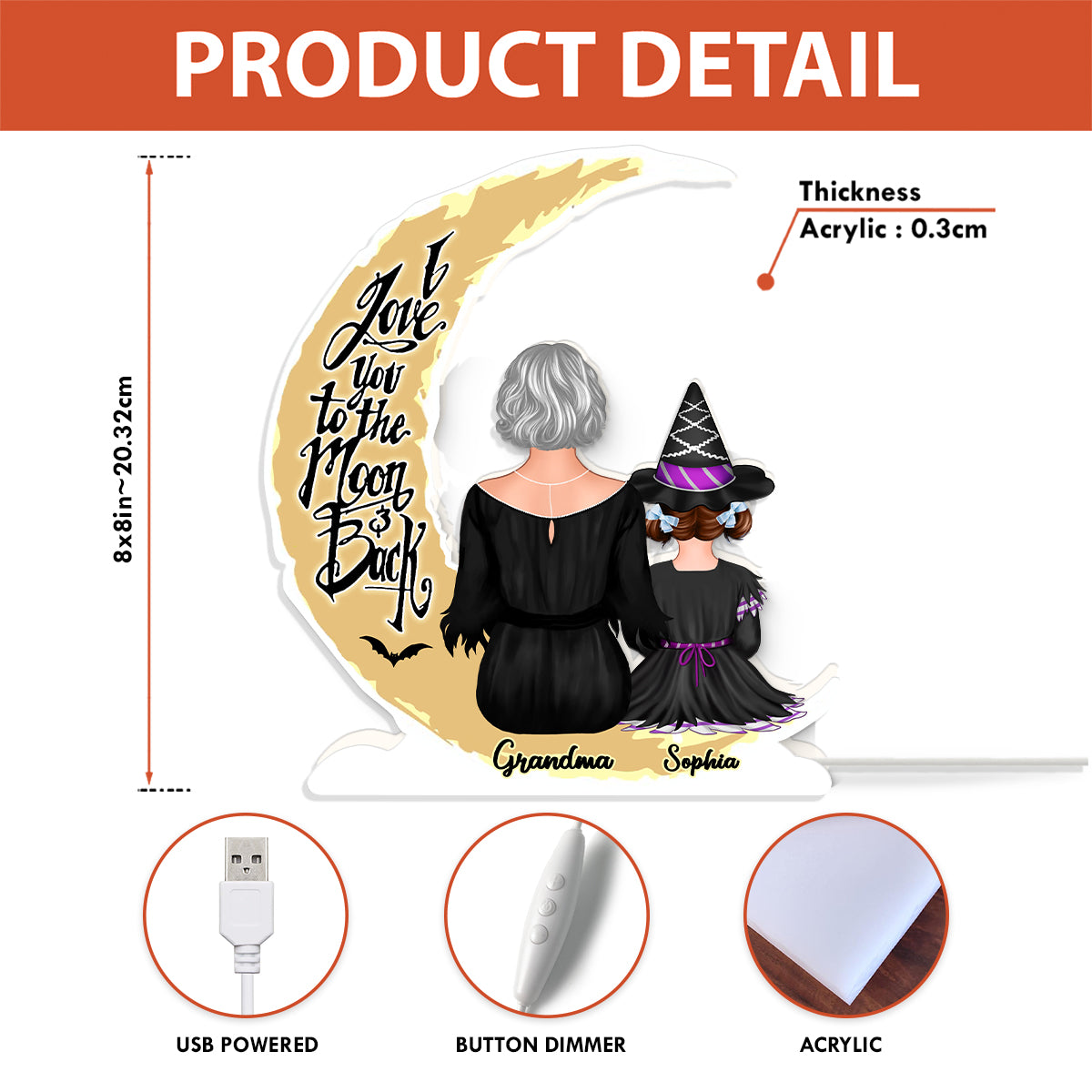 Grandma Grandkids On Moon Back View Halloween Personalized Light Box, Halloween Indoor Decor for Grandma