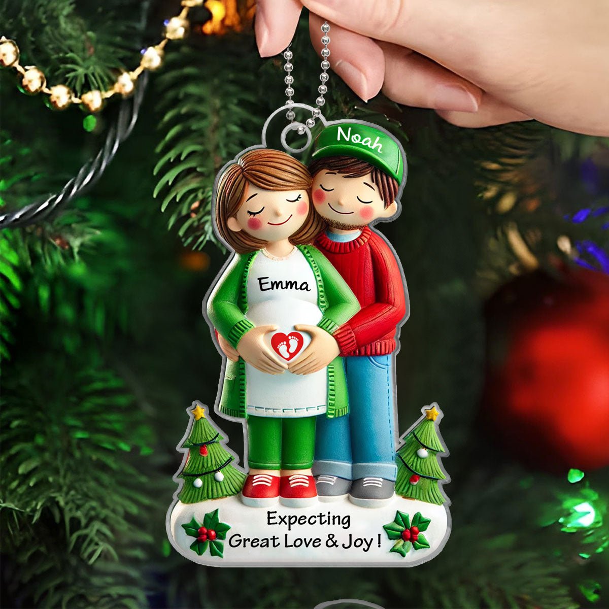 Expecting Great Love And Joy Personalized Baby on the Way Couple Christmas Ornament, 3D Effect Christmas Ornament