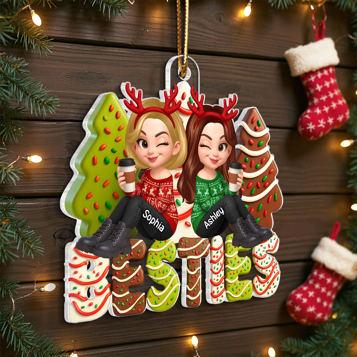 3D Effect Christmas Tree Cake Besties Sisters Personalized Acrylic Ornament, Christmas gift for Besties Sisters