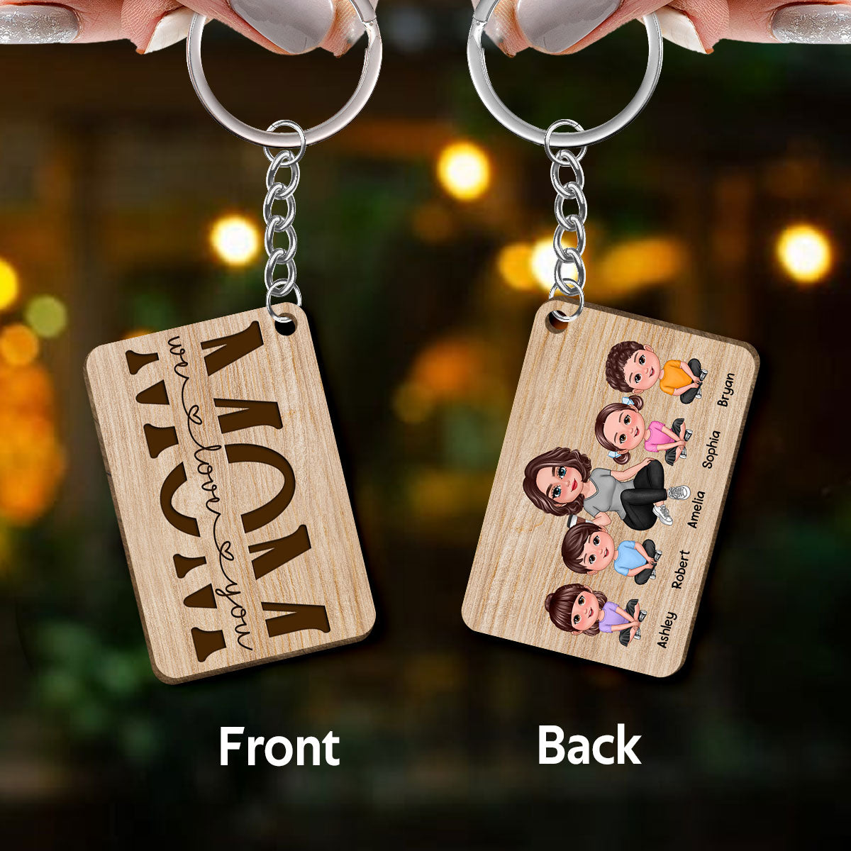 Best Mom Ever Doll Sitting Woman & Kids Dog Cat Personalized Wooden Keychain
