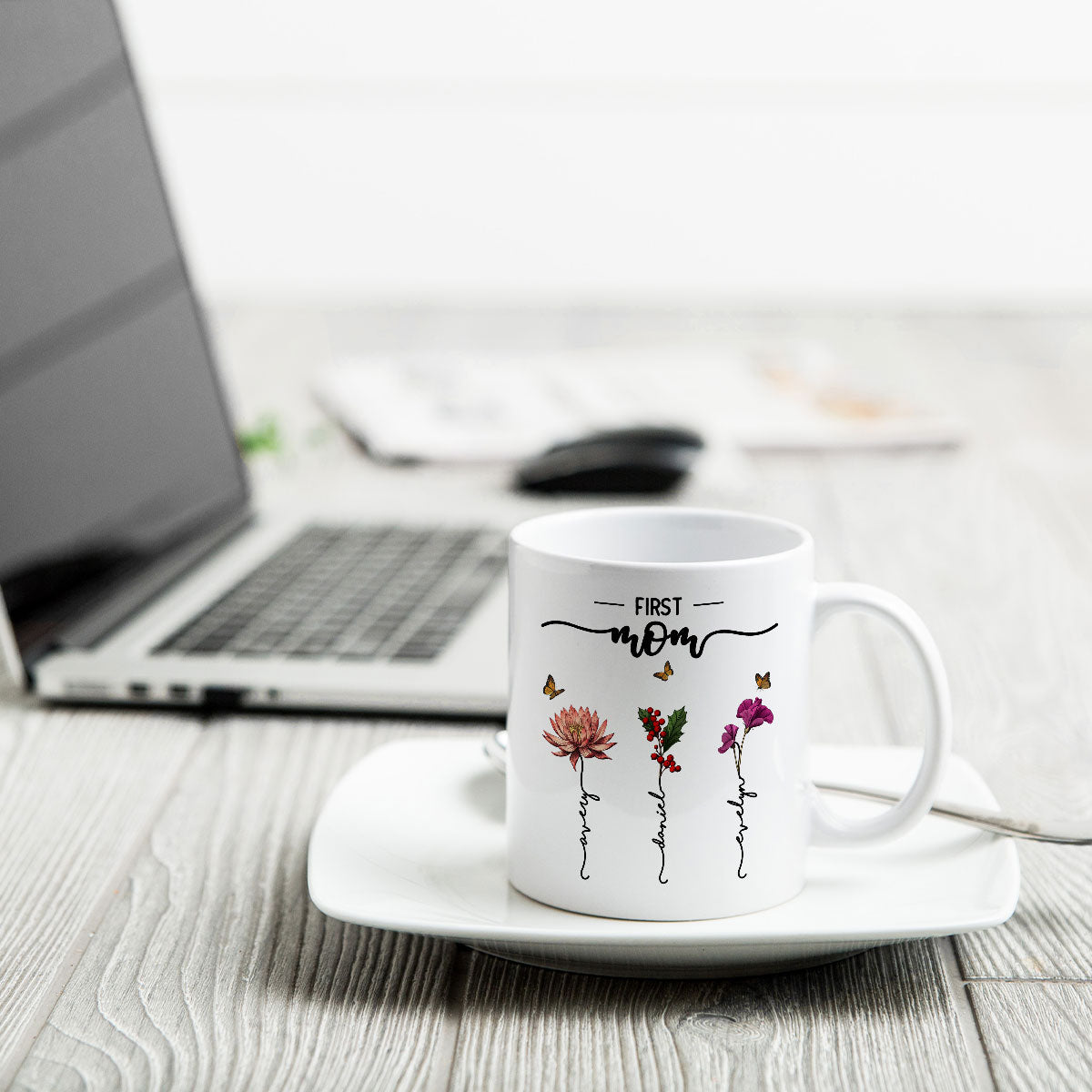 First Mom Now Grandma Birth Flower Personalized Mug