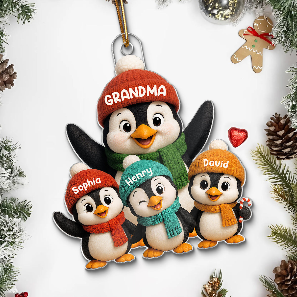 3D Effect Cute Christmas Penguins Grandma Grandkids - Personalized Acrylic Ornament