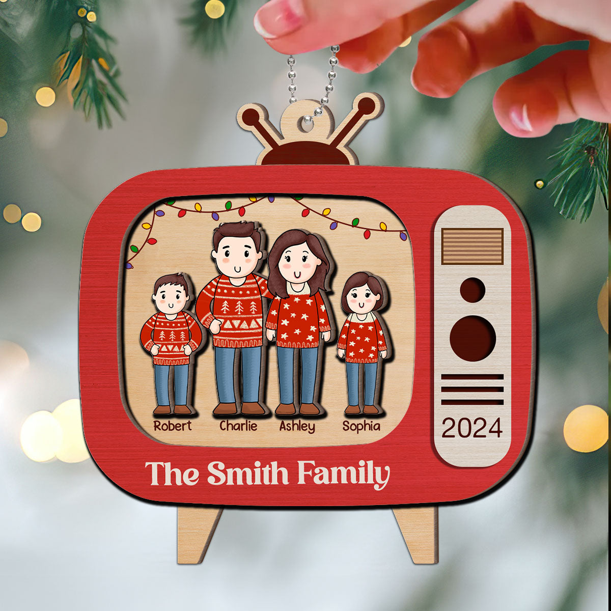 Comic Family In Christmas Red Retro Televison Personalized 2-Layer Wooden Ornament