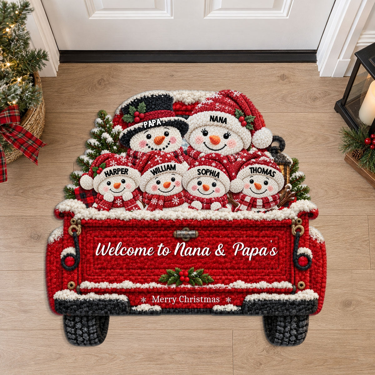 Christmas Cute Snowman Family On Truck 2D Flat Printed - Personalized Doormat - Christmas Decor For Family, Grandparents