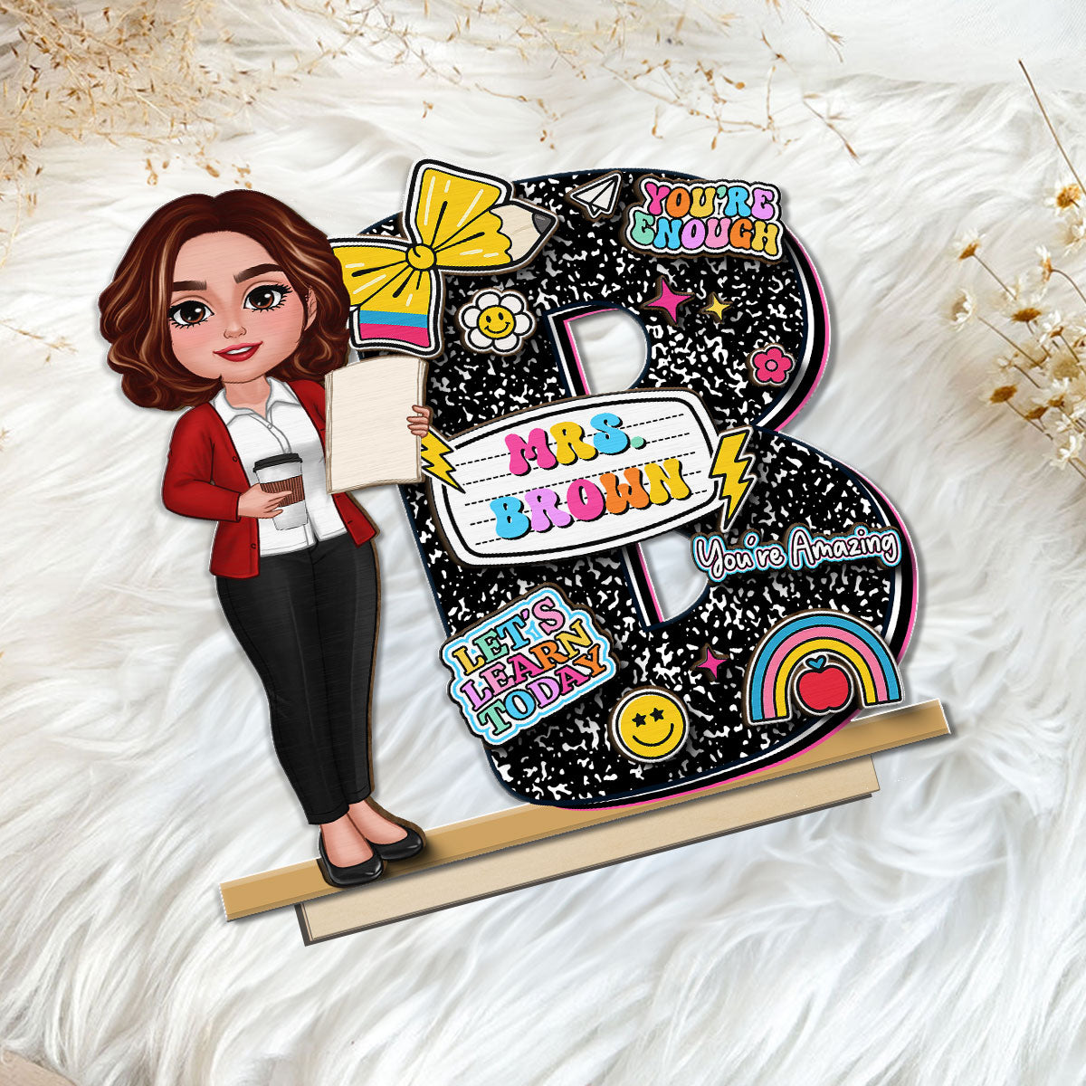 Teacher Composition Book Pattern Letter Personalized 2-Layer Standing Wooden Plaque, Back To School Gift