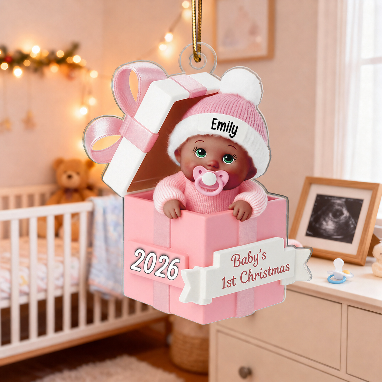 3D Effect Baby In Gift Box - Personalized Acrylic Ornament - First Christmas Keepsake
