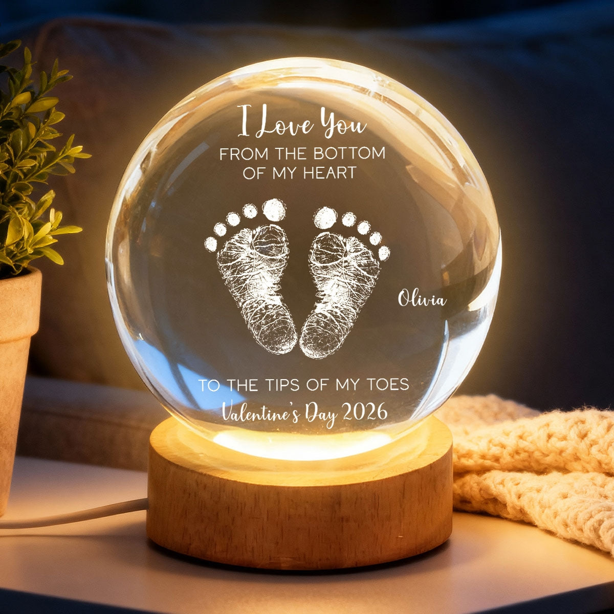 Valentine Kids Footprint Sign - Personalized Crystal Ball LED Night Light - Anniversary, Valentine's Day Gift, Gift For Him, Gift For Her