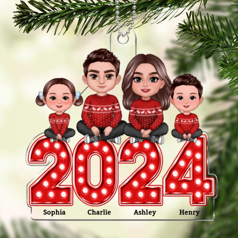 Family Sitting Crossed Legs On Marquee Letter Christmas Gift Personalized Acrylic Ornament