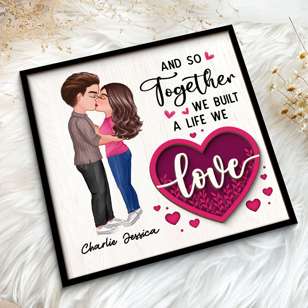 Couple Kissing Pink Heart Valentine‘s Day Gift For Him For Her Personalized 2-Layer Wooden Plaque