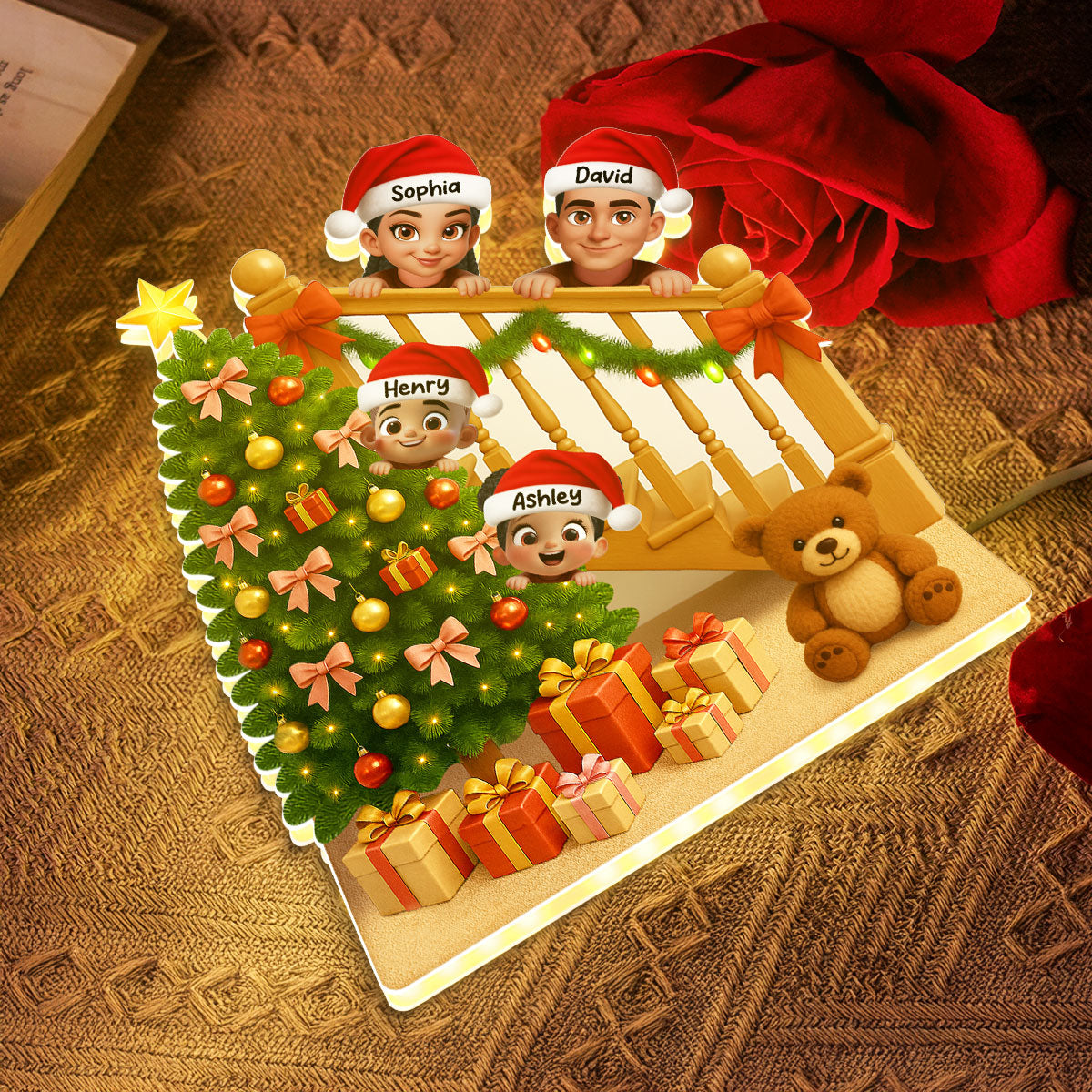 Peeking Family Christmas Tree And Stair Personalized LED Light Box
