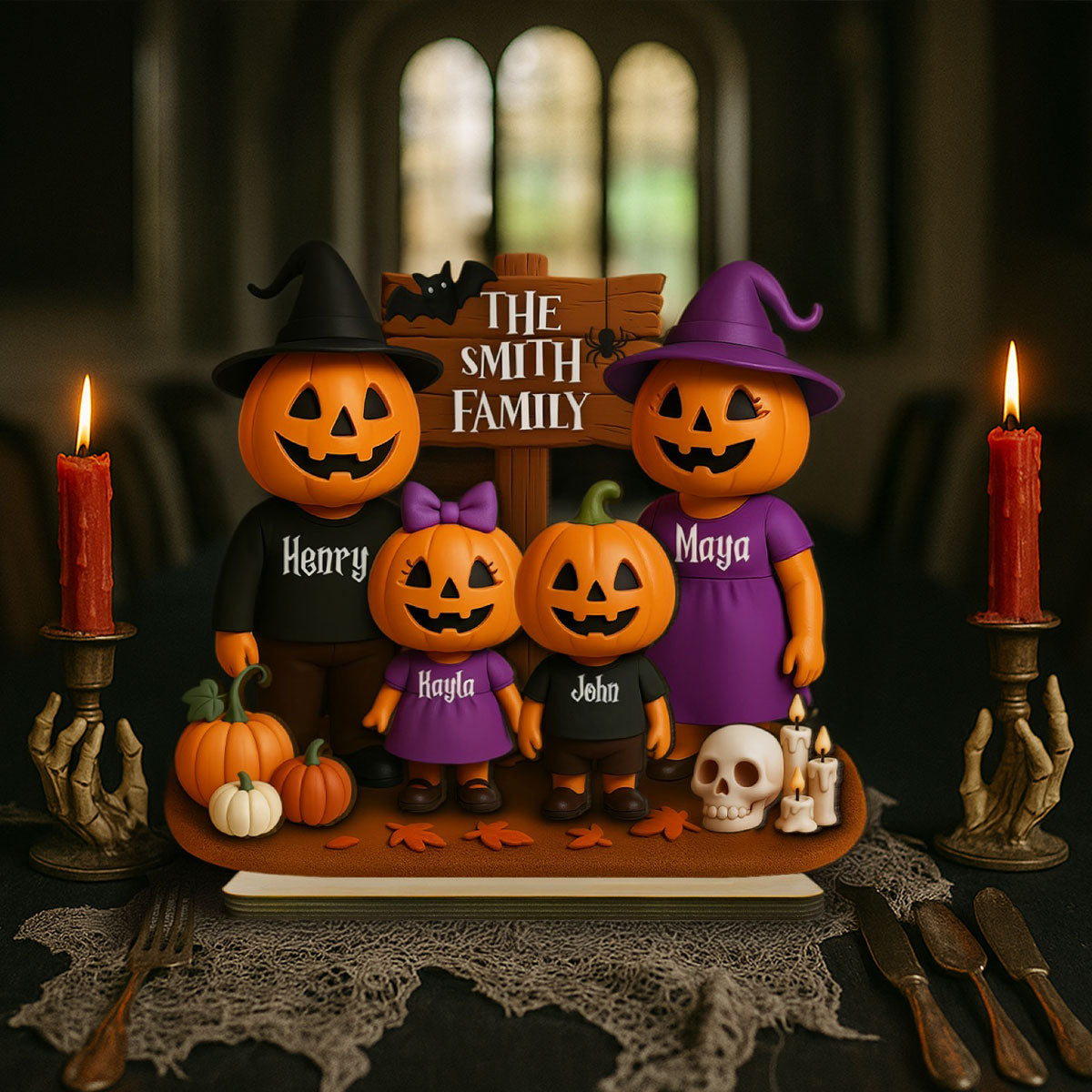 Jack O' Lantern Family 3D Effect Personalized 2-Layered Standing Wooden Plaque, Halloween Decor