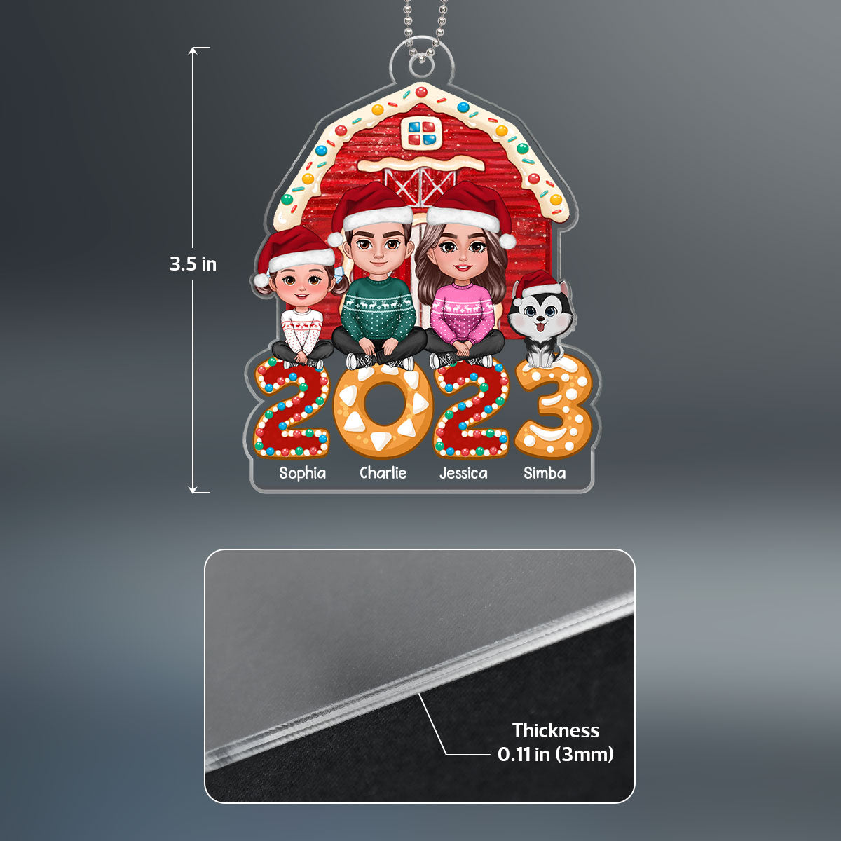 Family Sitting Crossed Legs In Front Of Red Barn 2023 Personalized Acrylic Ornament