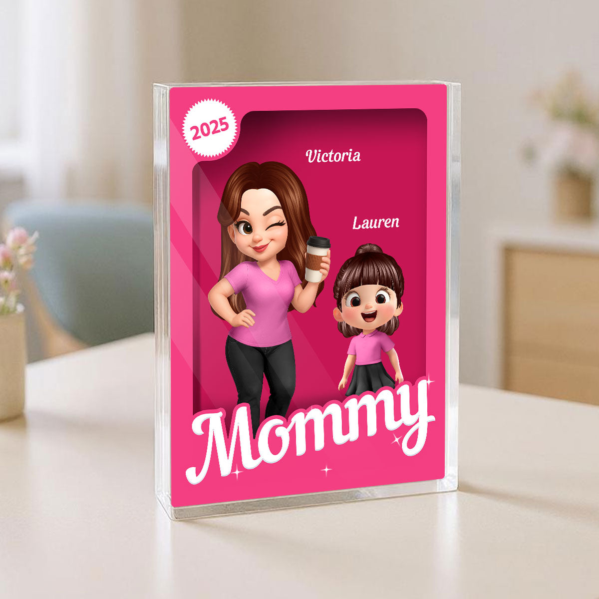 Grandma Grandkids 3D Effect Pink Action Figure Personalized Acrylic Block
