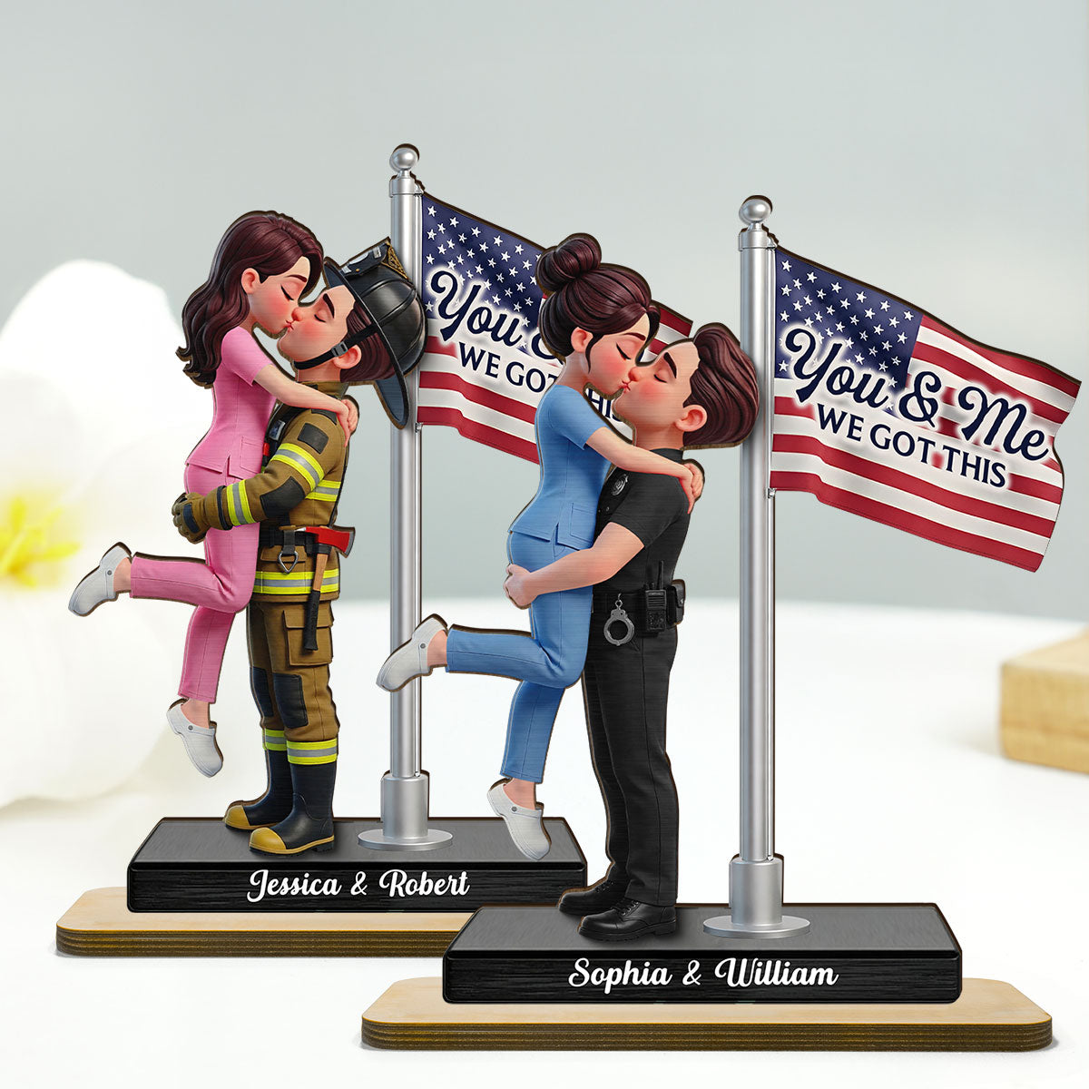Proud Hero Couple Nation Flag - Personalized 2-Layered Wooden Plaque - Heartfelt Gift For Couple, For Him, For Her, Nurse, Police, Firefighter, Army