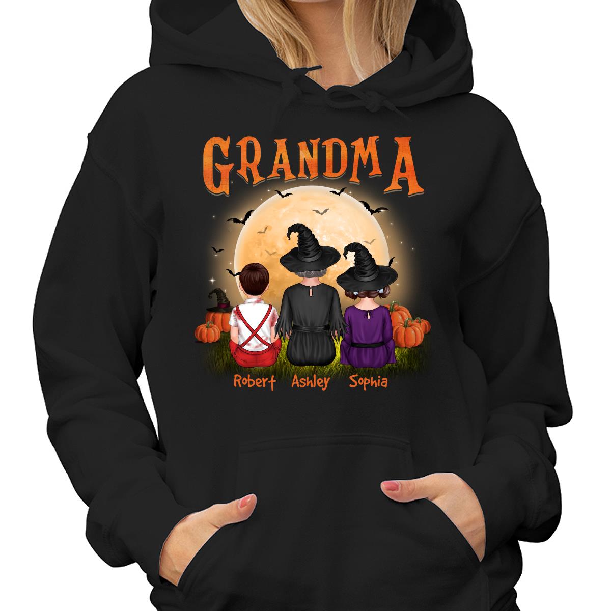 Grandma & Grandkids Back View Under Moonlight Halloween Personalized Shirt