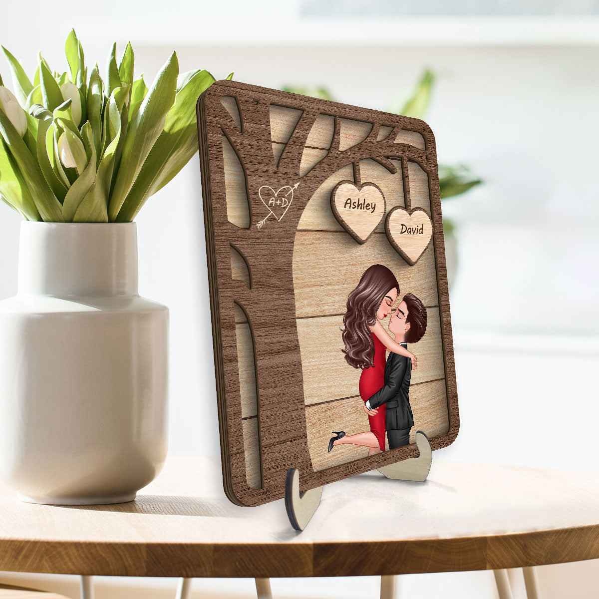 Couple Hugging Kissing Under Tree Valentine‘s Gift For Him For Her Personalized 2-Layer Wooden Plaque