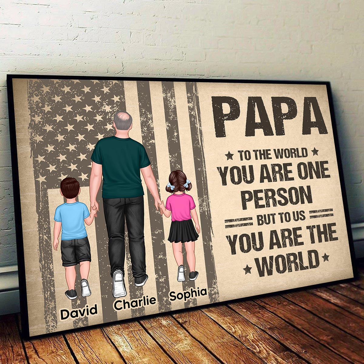 You Are The World Grandpa Dad Man Walking With Kids Nation Flag Theme Personalized Horizontal Poster