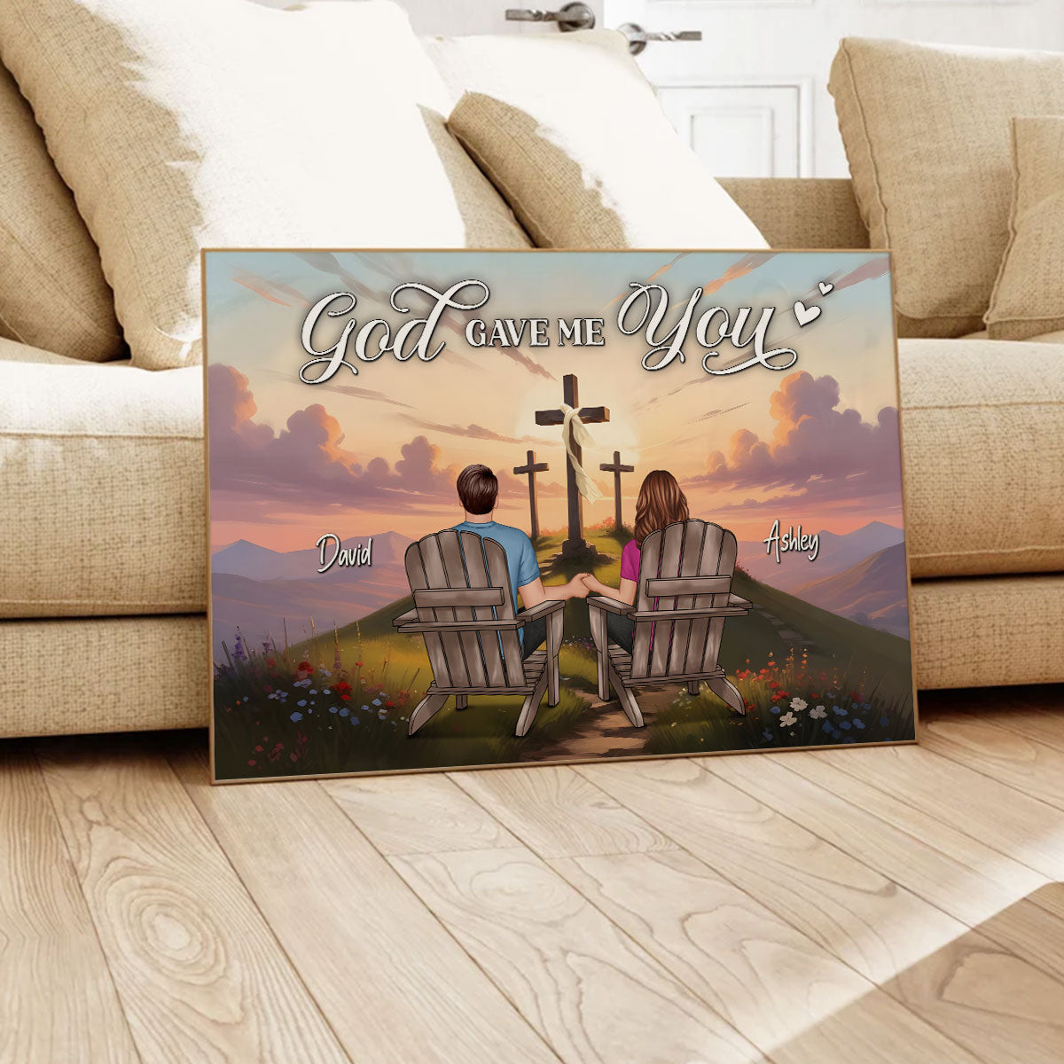 Cross God Gave Me You Couple Sitting Personalized Poster, Anniversary Gift For Him, Her