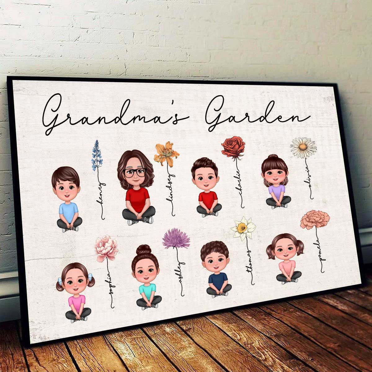 Grandma Grandkids Sitting Crossed Legs Garden Vintage Birth Month Flowers Mother‘s Day Gift Personalized Horizontal Poster