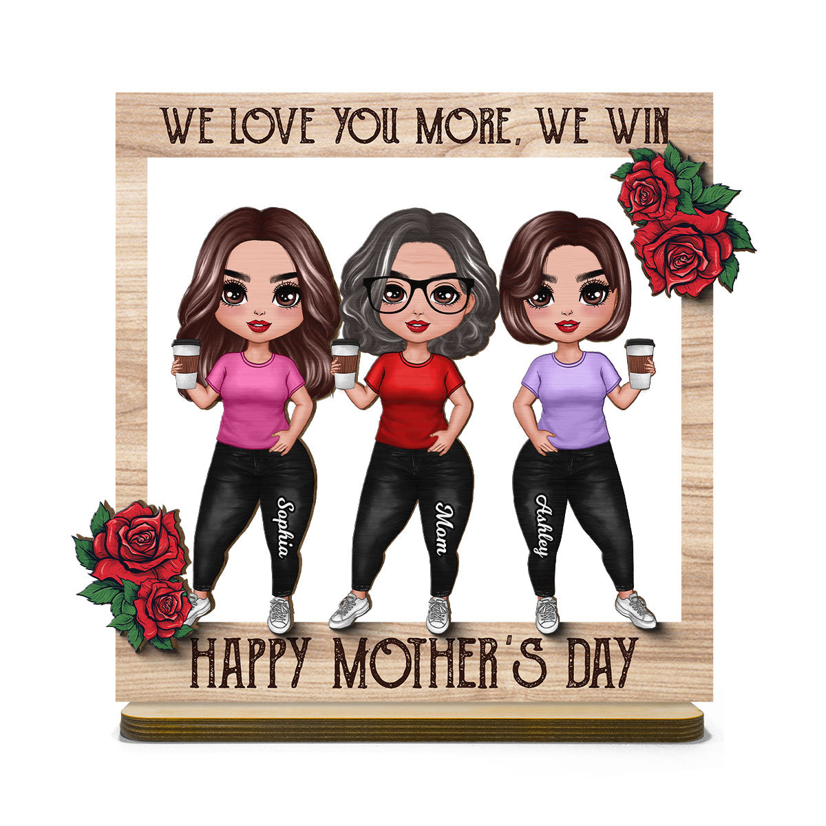 Roses Frame Mom And Daughter Personalized 2-Layer Standing Wooden Plaque