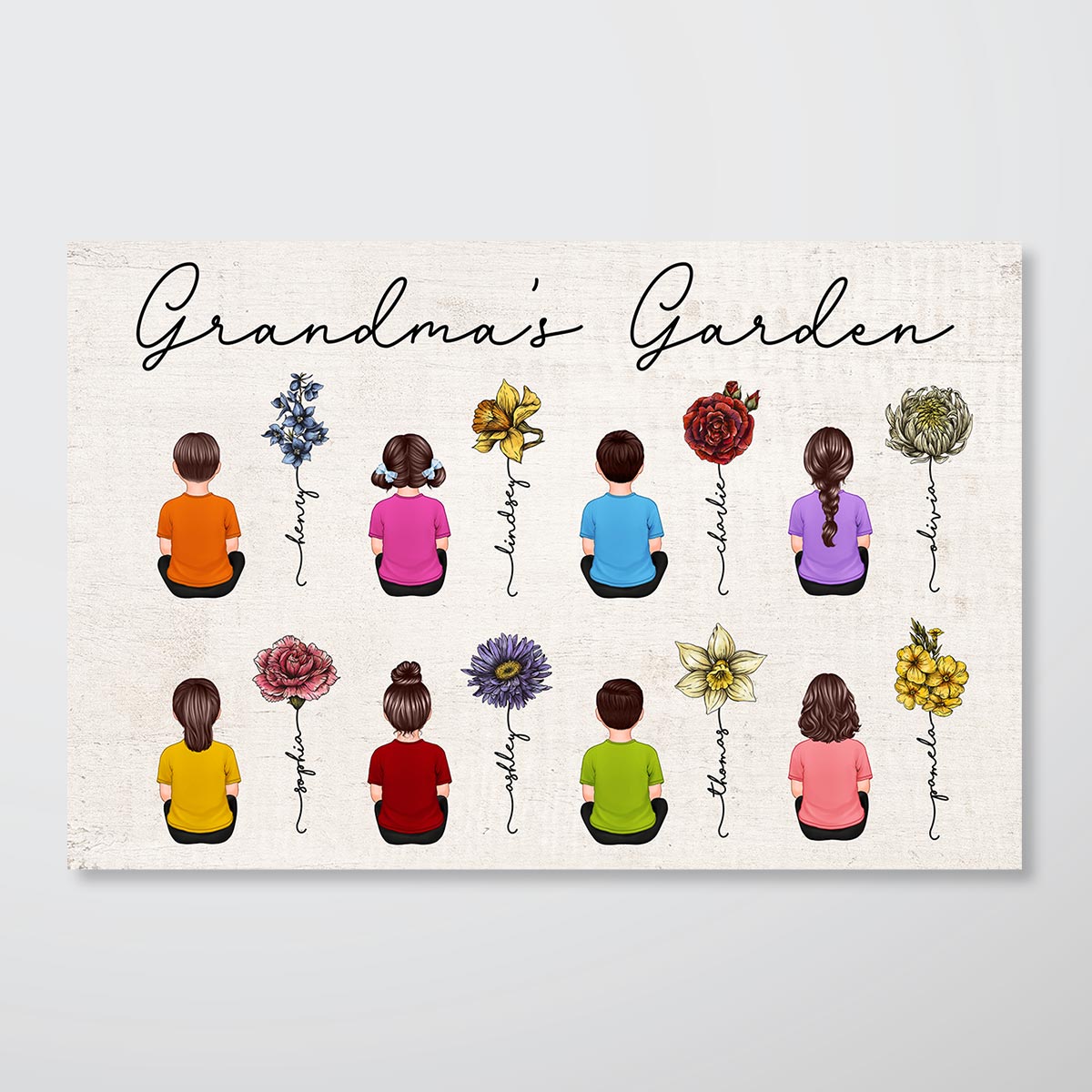 Grandkids Sitting Back View Grandma Garden Beautiful Vintage Birth Month Flowers Mother‘s Day Gift Personalized Horizontal Poster